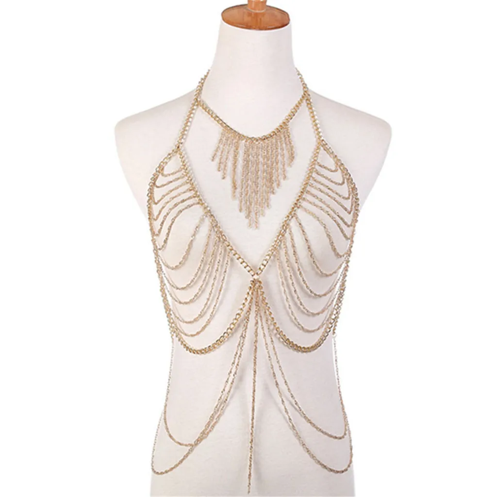 New Sexy Multilayer Long Tassel Body Necklace Fashion Punk Golden Bikini Harness Big Torques Beach Jewelry For Women #Q | Украшения и