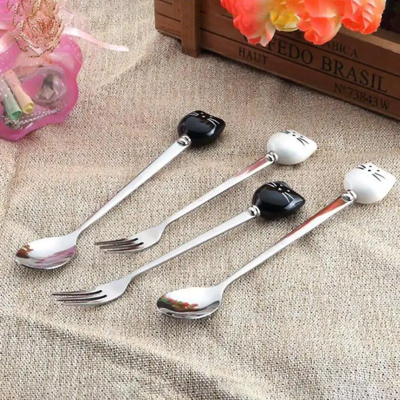 Stainless Steel Spoon Fork 1pc Cartoon Cat Spoon Fork Long Coffee Stirring Spoon Fruit Fork Stainless Steel With Ceramic Cat Handle stainless steel spoon stainless steel fork tea spoon