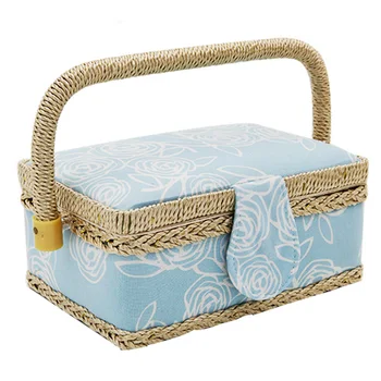 

Container With Handle Rectangle Vintage Sewing Box Storage Floral Print Gift Handmade Fabric Craft Home Basket Removable Tray
