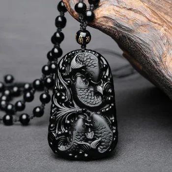 

Natural Black Obsidian 3D Carved Chain Happy Four Fish Pendant Lucky Amulet Necklace Pendants For Women Men Fashion Jewelry