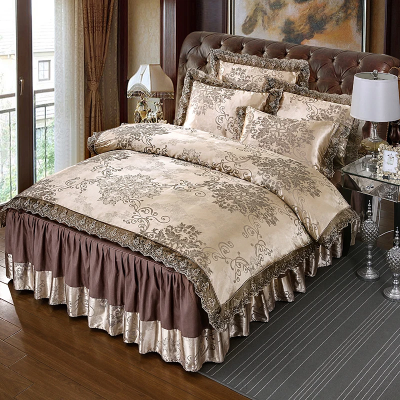 Brown Lace Bed Skirt Design Bedding Sets King Queen Size Wedding Set Jacquard Duvet Cover Bedlinen Bedspread Home Textile | Дом и сад