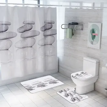 

Printing Natural Stone Bath Mat and Shower Curtain Set Microfiber Bathroom Floor Mat Non-slip Bathroom Mat Set