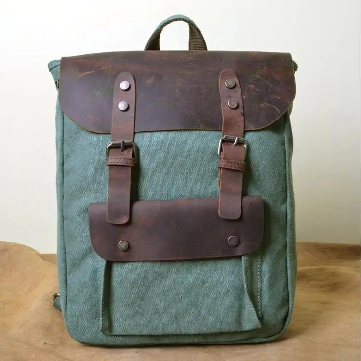 

MAHEU New Fashion Multifunction Men Backpack Vintage Canvas Backpack Leather School Bag Neutral Portable Wearproof Travel Bag
