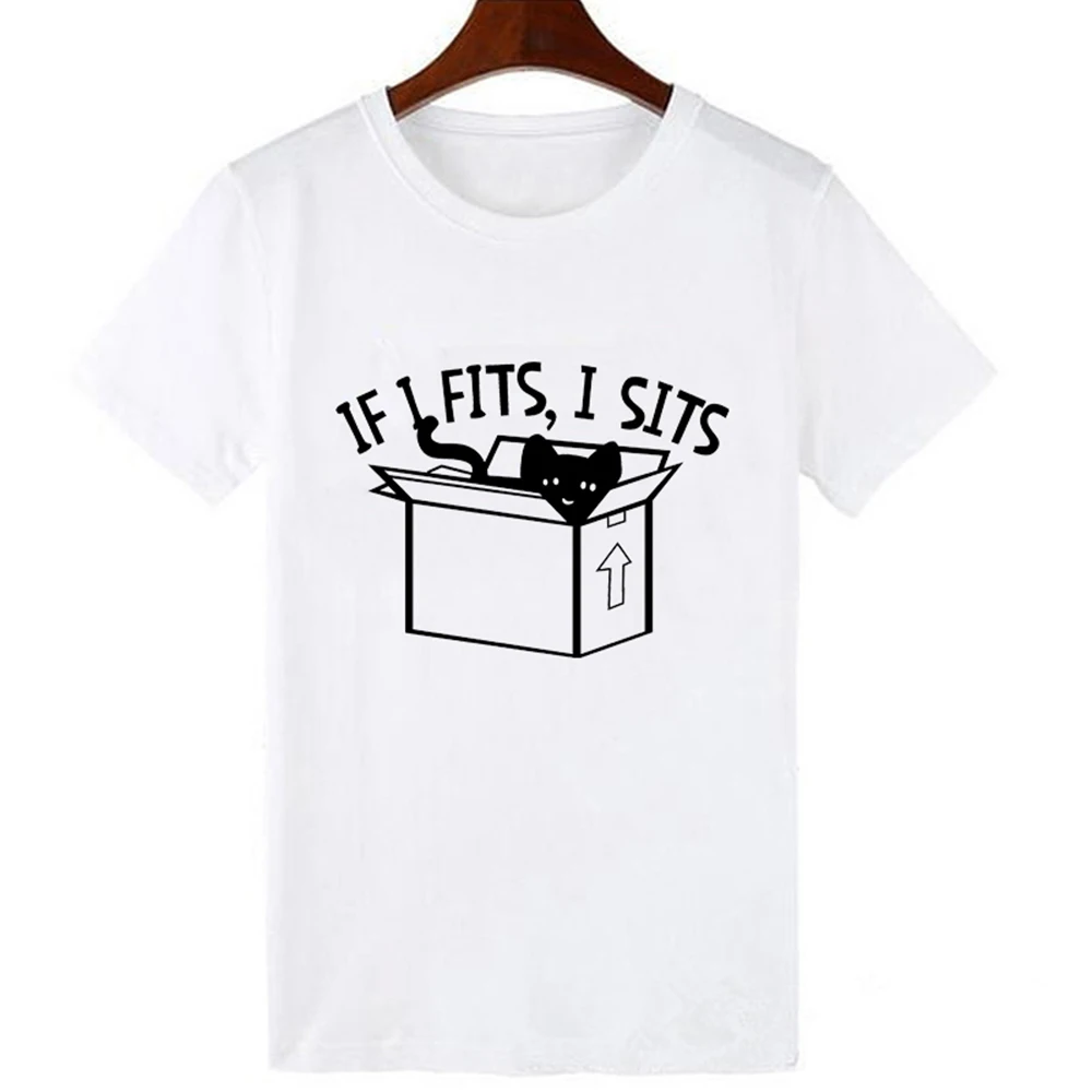 

LUCKYROLL New Harajuku IF I FITS I SITS Printed CAT Women T-shirts Casual Kitten Tee Tops Summer Short Sleeve Female T shirt
