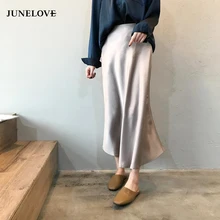 JuneLove/женские осенние глянцевые атласные юбки-трубы, винтажная юбка с завышенной талией, Женская Блестящая Юбка-миди цвета металлик