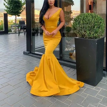 

Hot Sale Sexy Mermaid Evening Dresses Deep V-Neck Sweep Train Formal Prom Gowns Special Occasion Dresses Sime Style Vestidos