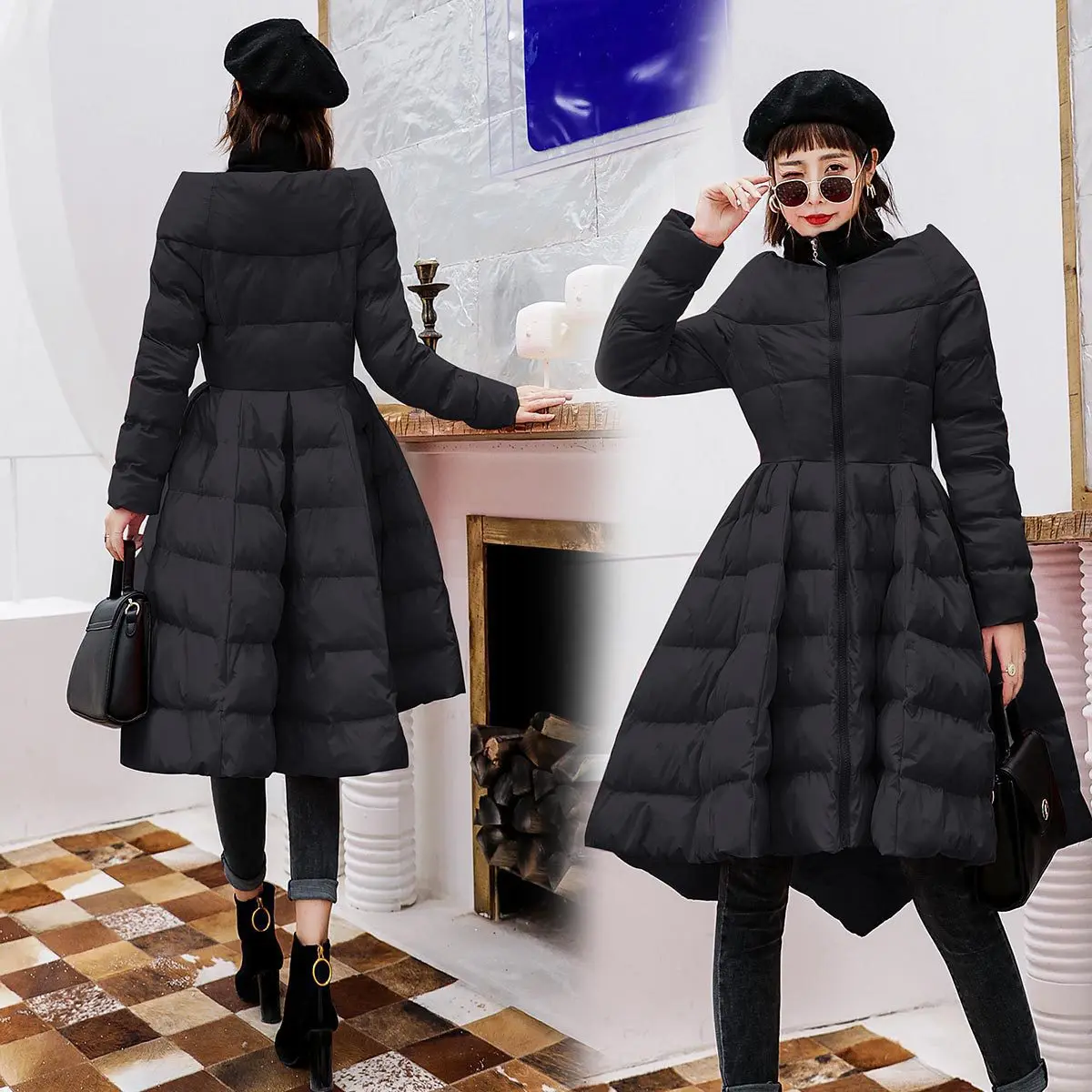 

2019 New Style Korean-style Mid-length Slimming Winter Cotton Overcoat Slimming qun bai kuan Front Short Long Back WOMEN'S Dress