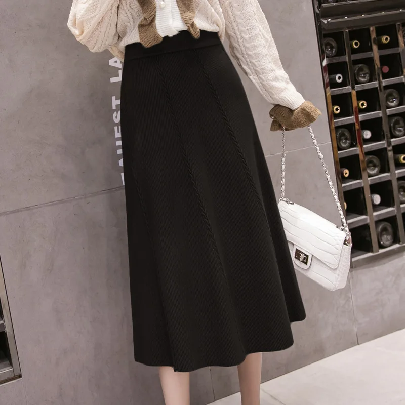 

Thick Knitted Skirt Women's Mid-length 2019 Autumn Clothing New Style South Korea High-waisted Big Skirt Slim Fit Slimming Long