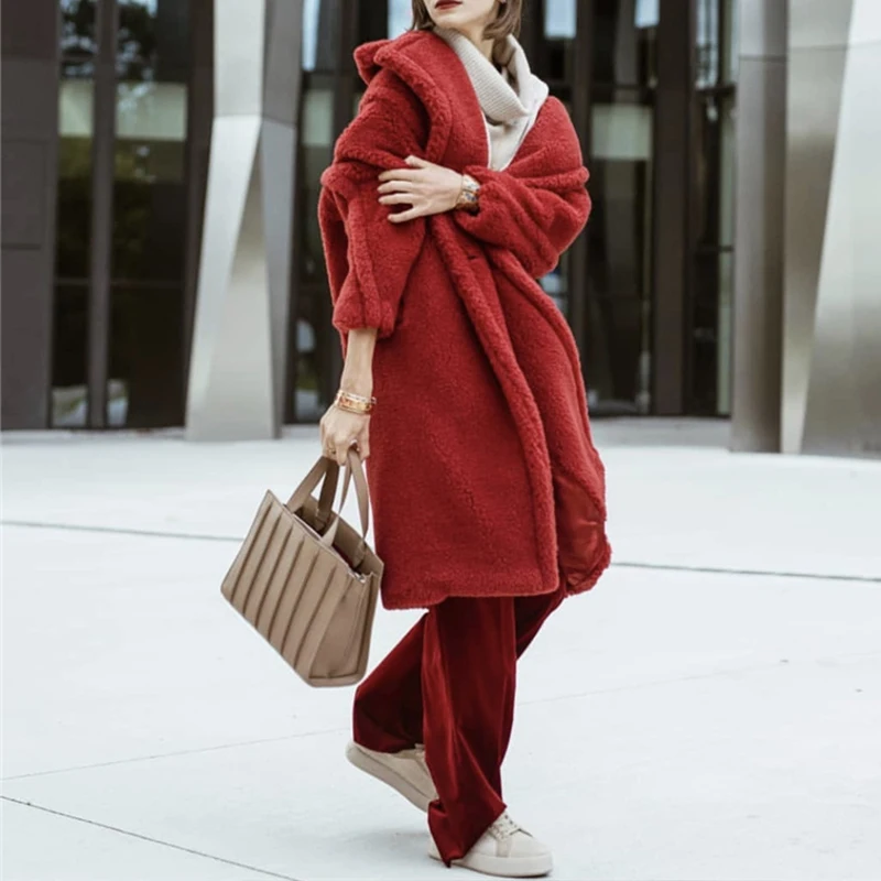 OMIKRON/красное однотонное женское длинное шерстяное пальто с одной пуговицей, теплая Женская куртка с широкой талией, элегантное кашемировое пальто и куртка