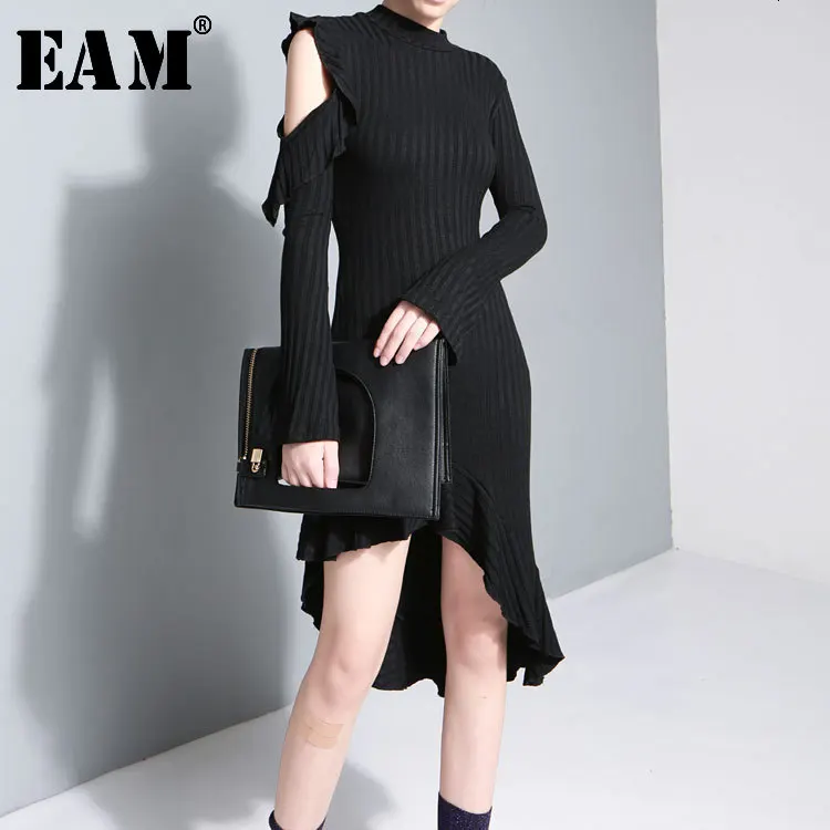 

[EAM] 2019 New Autumn Winter Stand Collar Long Sleeve Black Loose Knitting Ruffles Irregular Dress Women Fashion Tide JO274