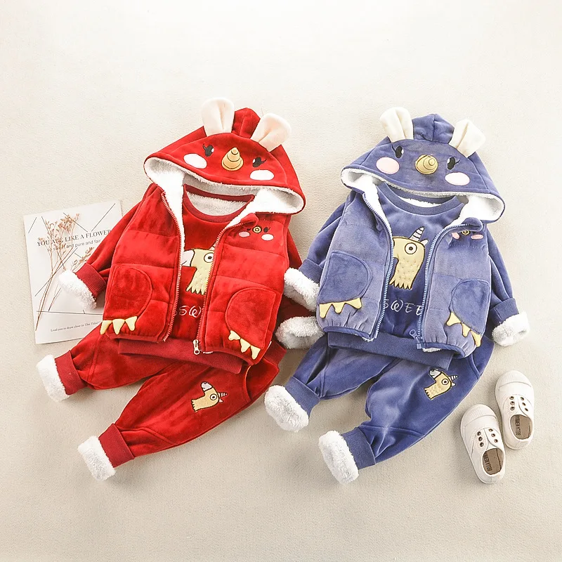 

BOY'S Autumn And Winter Suit 1-2-3. 4-Year-Old Female Baby Clothes Infant Child Brushed And Thick Hoodie Three-piece Set Fashion