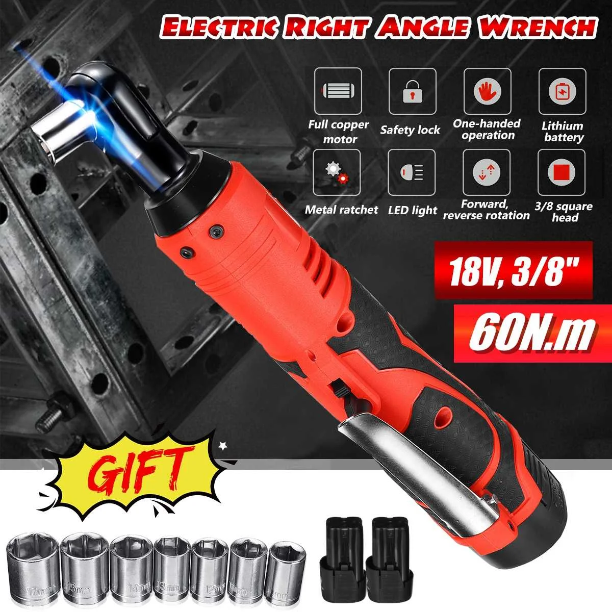 

Portable 18V Cordless 3/8'' Electric 60N.m Rechargeable Ratchet 90 Degree Right Angle Wrench Socket Set Power Tools