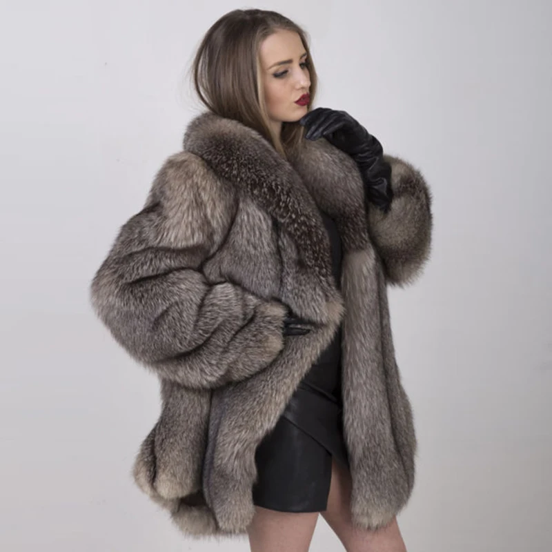 Sliver Fox Куртка из натурального меха серебристой лисы с меховым воротником, Зимняя Толстая теплая шуба из натурального Лисьего меха для женщин, роскошное пальто - Цвет: Sliver Fox
