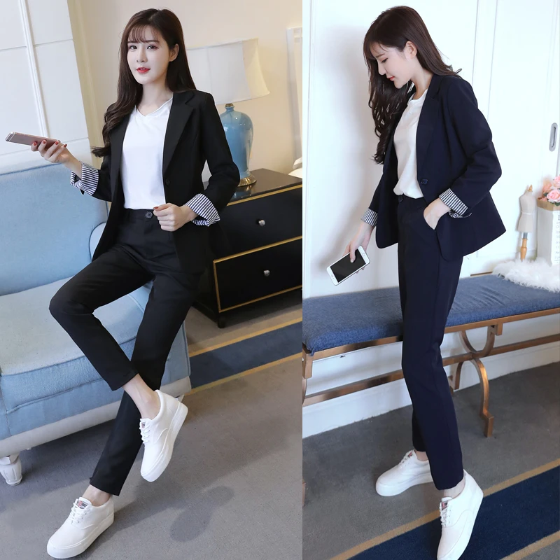 

2020 Spring New Women's Two-piece Set Korean Casual Thick Solid Single-breasted Blzaer + Trousers Office Lady Clothes Noctched