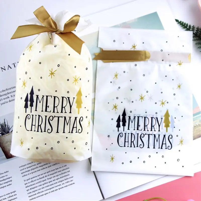 

10Pcs 10Pcs Merry Christmas Rectangle Plastic Candy Bags With Ribbon Drawstring Letters Xmas Tree Printed Cookie Container Party