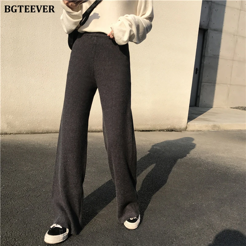 BGTEEVER Autumn Winter Loose Elastic Waist Women Straight Leg Knitted Pant 2020 Ladies Casual Sweater Trouser Floor length Pants