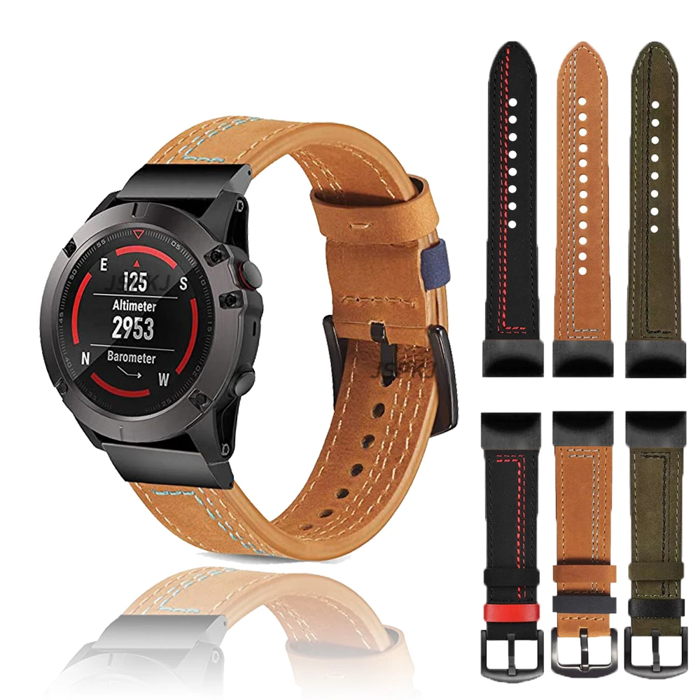 22 26mm Leather QuickFit Watch Band Strap For Garmin Fenix 6X 5X 3 3HR