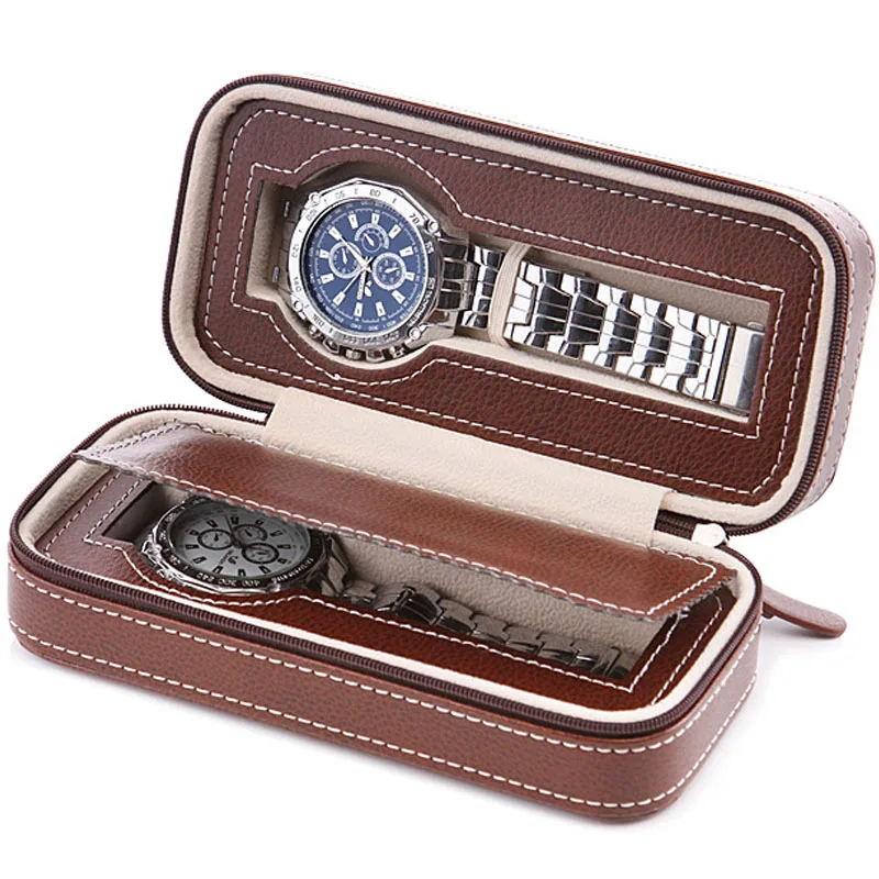 Fashion Hot Sale 2/4 Grids Leather Watch Box Luxury Zipper style for travelling storage Jewelry Watch Collector Organizer Box