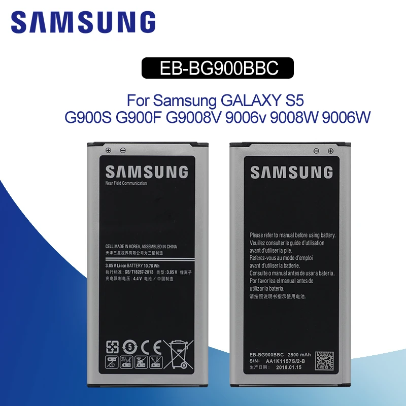 Оригинальная батарея samsung EB-BG900BBU EB-BG900BBC для samsung Galaxy S5 G900S G900F G900M G9008V 9006V 9008W 9006W G900FD 2800 ма-ч