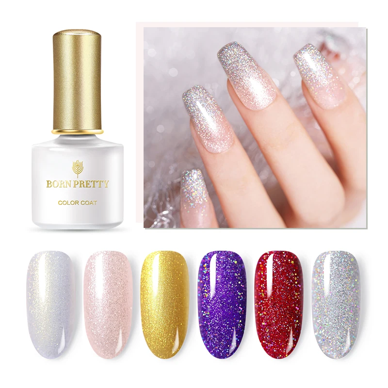 

BORN PRETTY 6ml Glittery SequinsHolographic Nail Gel Polish UV LED Gel Pink Gold Silver Varnish Permanent Soak Off Gel