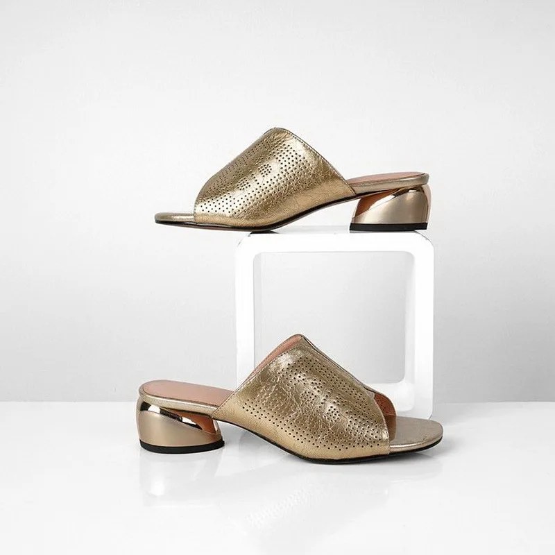 Women Peep Toe Slippers,Soft Leather Slides,Mid Heels Summer Shoes,BIG SIZE 43,Outside Wearing,Gold Silver,Dropship