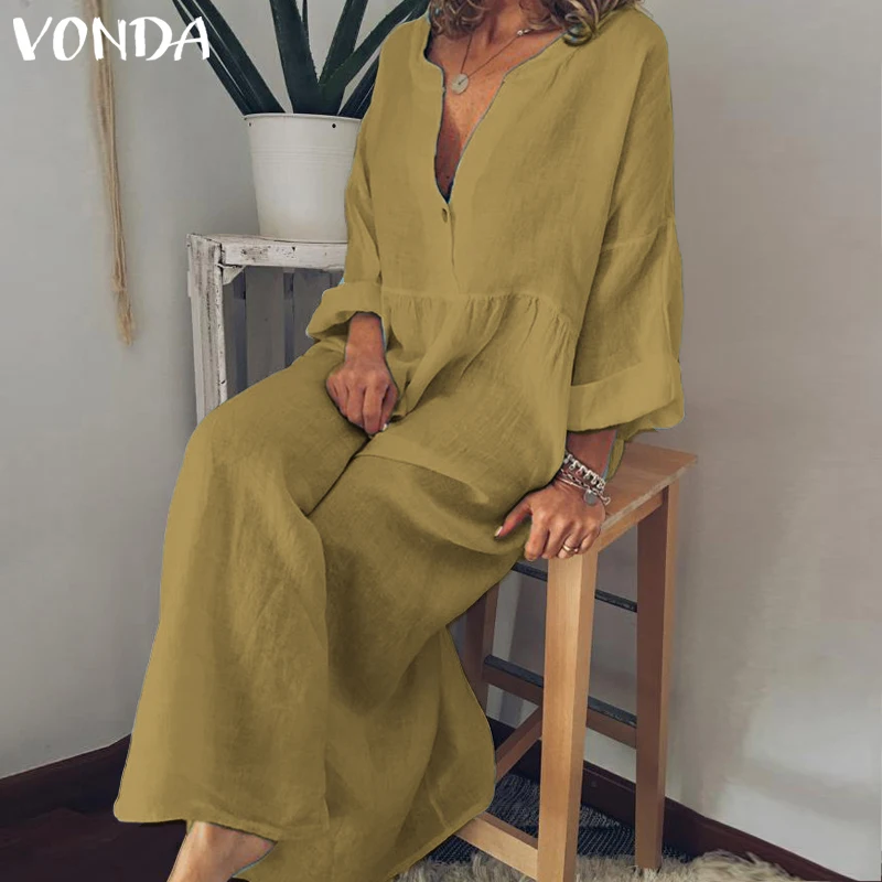 Женское платье рубашка VONDA Летнее Длинное Платье макси с длинным рукавом и v