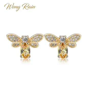 

Wong Rain Vintage 100% 925 Sterling Silver Citrine Gemstone Yellow Gold Bee Earrings Ear Studs Women Fine Jewelry Wholesale