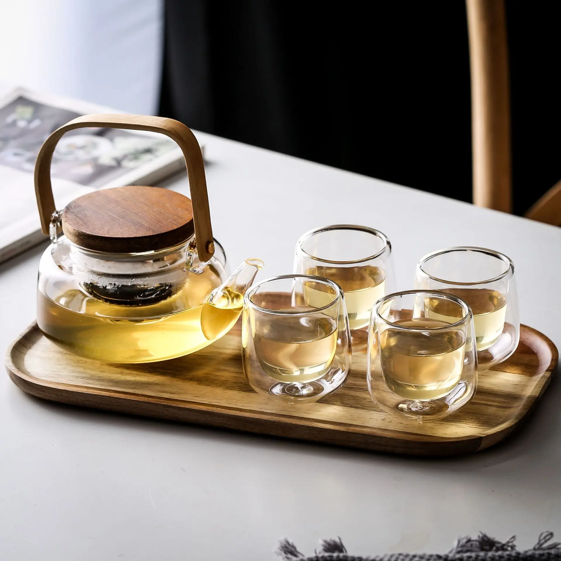 

Thermostable glass teapot tea set gift packing home use black tea brewing glass filter flower teapot with cup wood tray