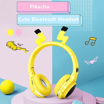 

Cute Pikachu Bluetooth 5.0 Headset 7 Colors LED Headphones support SD Card Audio Cable Headphone for Boy Girl Gift Children