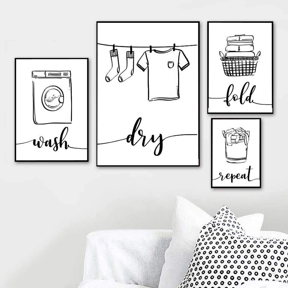 Wash Dry Fold Repeat Laundry Sign Black White Wall Art Print Canvas