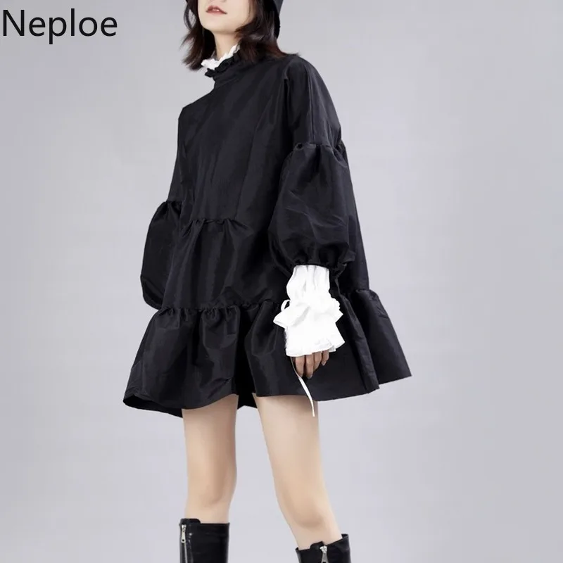 

Neploe Occident Vintage Lantern Long Sleeve Black Vestido Autumn Winter Stand Collar Ropa Mujer A Line Mini Dress Women 46417