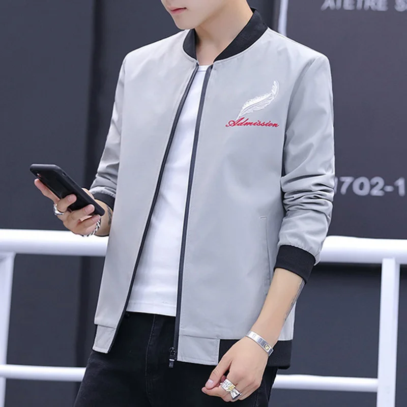

2020 Autumn Feather Embroidery Baseball Lead Short streetwear Jacket Loose windbreaker Coat Shallow Gray Thin Red