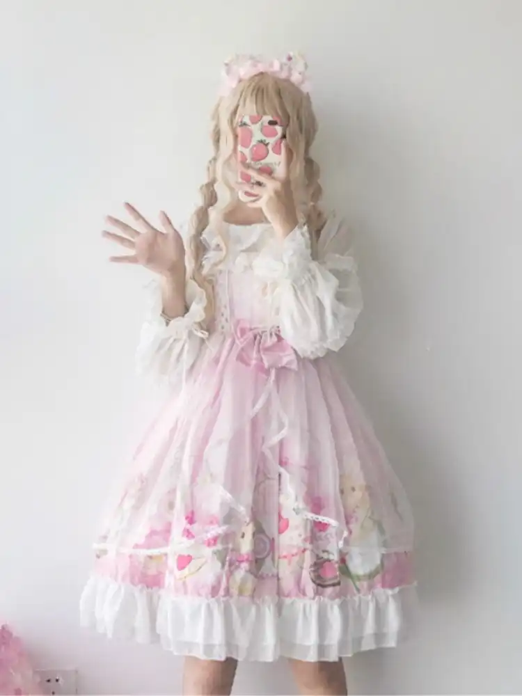 Lolita Dress Sweet Cute Japanese Kawaii Girls Princess Sweet Light Lolita Bunny Print Vintage Gothic Summer Sleeveless Dress