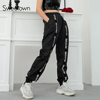 

Sweetown Loose Casual Sweatpants Women Autumn 2018 Black Women's Sweatpants And Joggers Striped Patchwork Harajuku Harem Pants