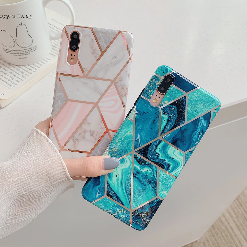 

Phone Case For Huawei P20 P30 Pro Lite Mate 20 Pro Lite Fashion Electroplate Geometric Marble Anti-Shock Soft IMD Cover case