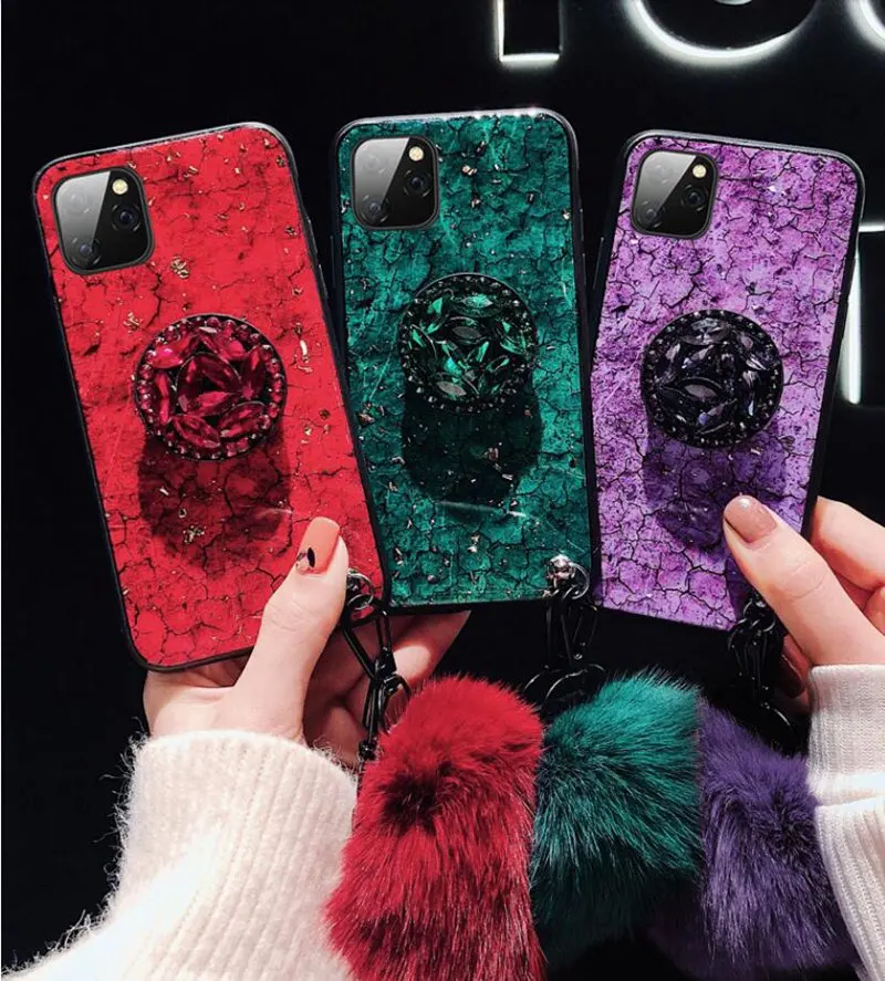 Роскошный Алмазный чехол с помпоном мраморный для iphone 11pro XR XS Max 8 7 plus мягкий