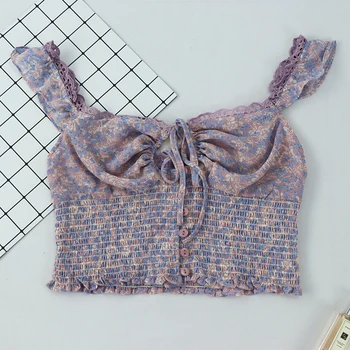 

XNWMNZ 2020 women floral print shirred camis tops women ruffle square neck bow cropped shirt women camisole summer za crop top