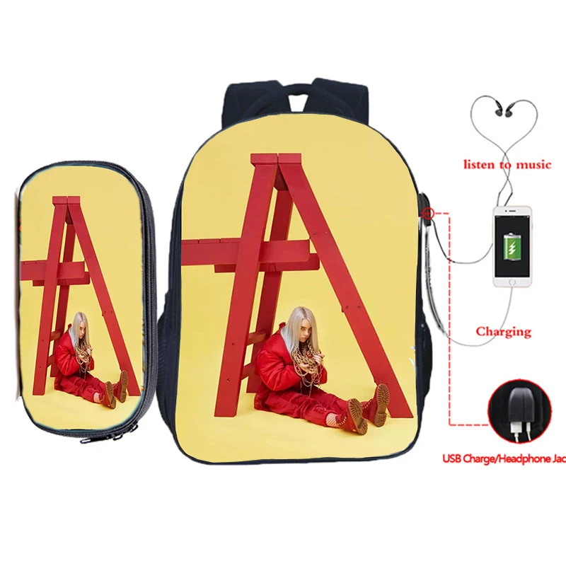 Billie Eilish рюкзак для зарядки через usb 2 шт./компл. школьная сумка для подростков мальчиков и девочек рюкзак для ноутбука пенал Дорожная сумка на плечо