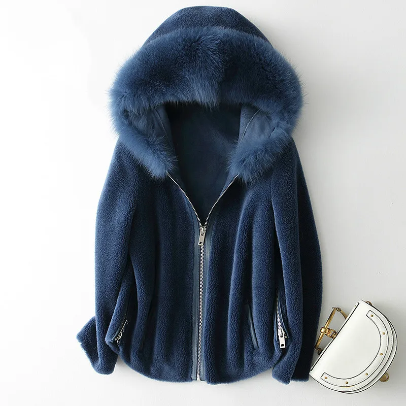 Пальто из натурального меха корейское винтажное шерстяное пальто с воротником из лисьего меха осенне-зимнее пальто женская одежда овечья шерсть подкладка из замши T3520 - Цвет: blue