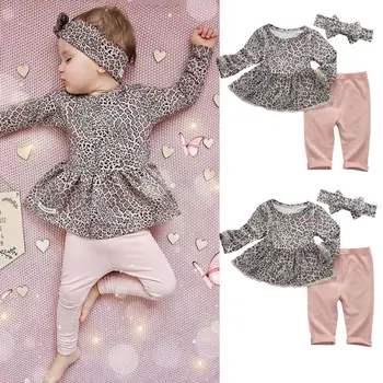 

Toddler Kid Baby Girl Leopard Dress Tops Pink Pants Leggings Autumn Spring Long Sleeve Top Cotton Clothes Set With Headband
