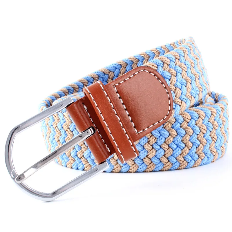 New Fashionable Wide Belt For Men Women Elastic Knitted Braid Jeans Dress Belt With Leather Metal Buckle Casual Belt For Unisex - Цвет: beige blue