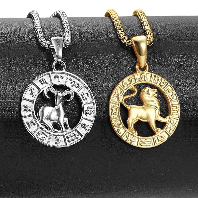 Gold Color Silver Color Zodiac Sign Pendant Necklace for Women Men 12 Constellations Stainless Steel Box Link Chain Dropshipping