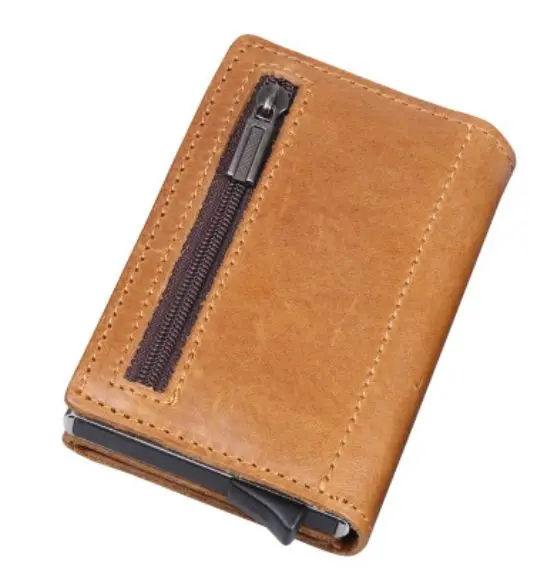 yellow brown Кошелек из натуральной кожи мужской RFID визитница из алюминиевого сплава металлический кошелек для кредитных карт Противоугонный мужской и женский Автоматический чехол для карт - Цвет: yellow brown