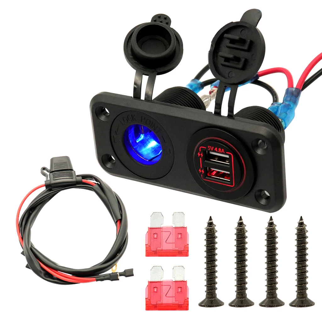 Car Charger 12V/24V Waterproof Dual USB Fast Charger Socket Power Outlet for Marine, Boat, Motorcycle, Truck, Red Lights Color