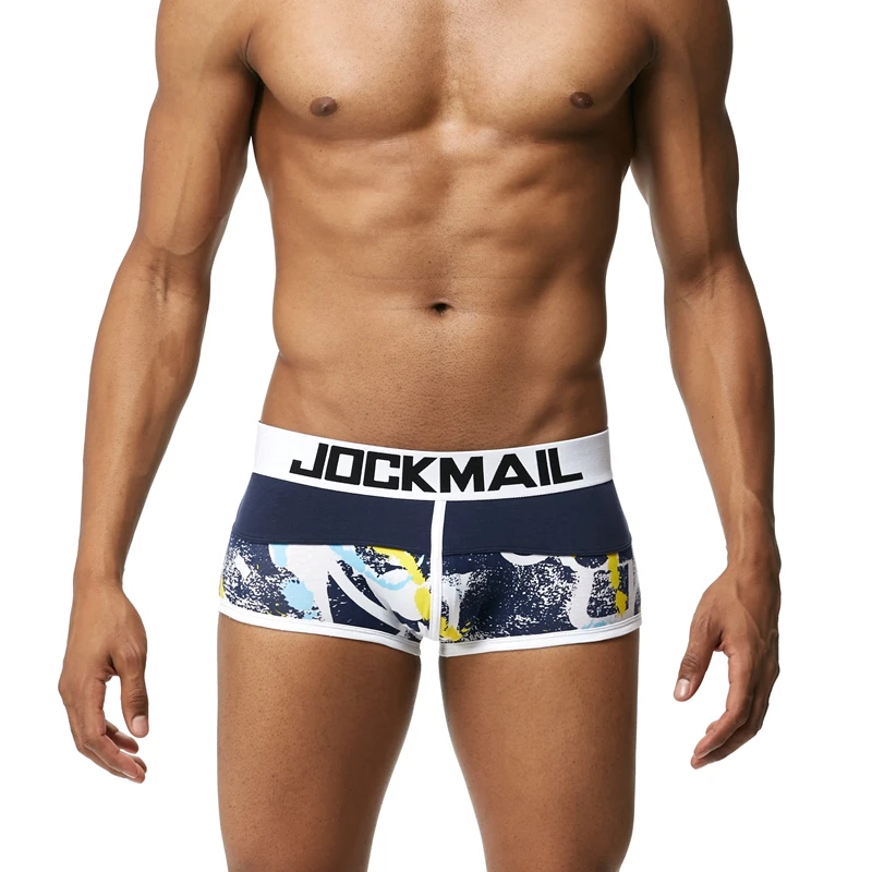 Бренд JOCKMAIL, мужские боксеры, хлопковое сексуальное мужское нижнее белье, боксеры с u-образной выпуклой сумкой, трусы с принтом листьев, Сетчатое дышащее нижнее белье для геев
