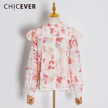 

CHICEVER Vintage Print Ruffle Shirts For Women Stand Collar Long Sleeve Shirt Female 2020 Autumn Fashion New Clothing