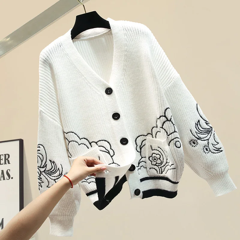 ^Cheap Autumn Winter Loose Womens Sweater Cardigan Small Fragrance Wind Embroidery Flowers Thickened Knitted Sweater Coat Cardigan Lady