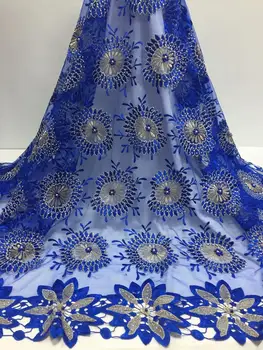 

High-end fashionable Nigerian Laces Fabrics High Quality African handcut Beads Laces Fabric Wedding French Tulle Lace Royal blue