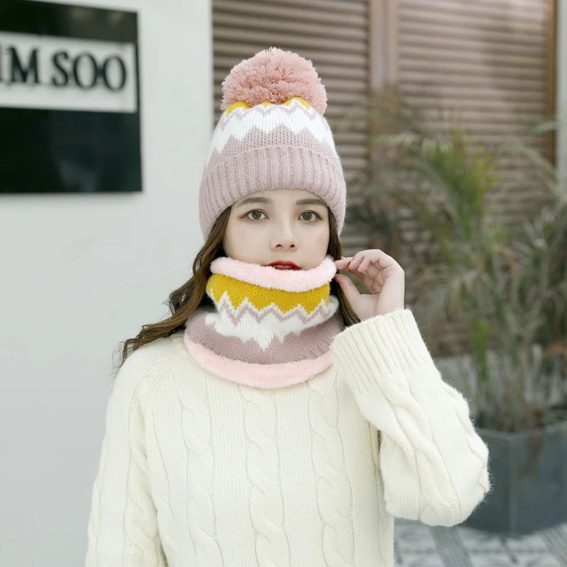 PINK HAT SCARF Новинка, модная женская шапка, шарф, набор для женщин, девушек, теплая шапка бини, женский шарф, помпоны, зимние шапки - Цвет: PINK HAT SCARF