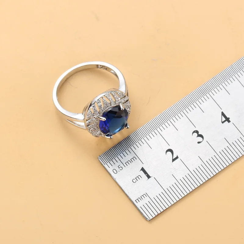 Bridal Wedding Jewelry Accessories Natural CZ Blue 925 Silver Dangle Clip Earrings And Ring Set For Women Gift